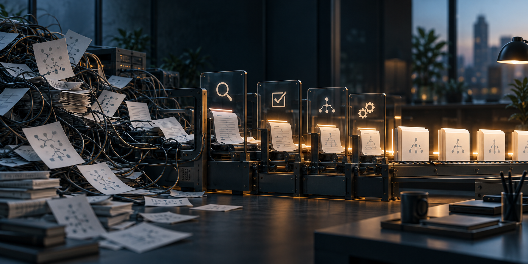 A tangled document-processing pipeline becoming a clean, validated flow of documents