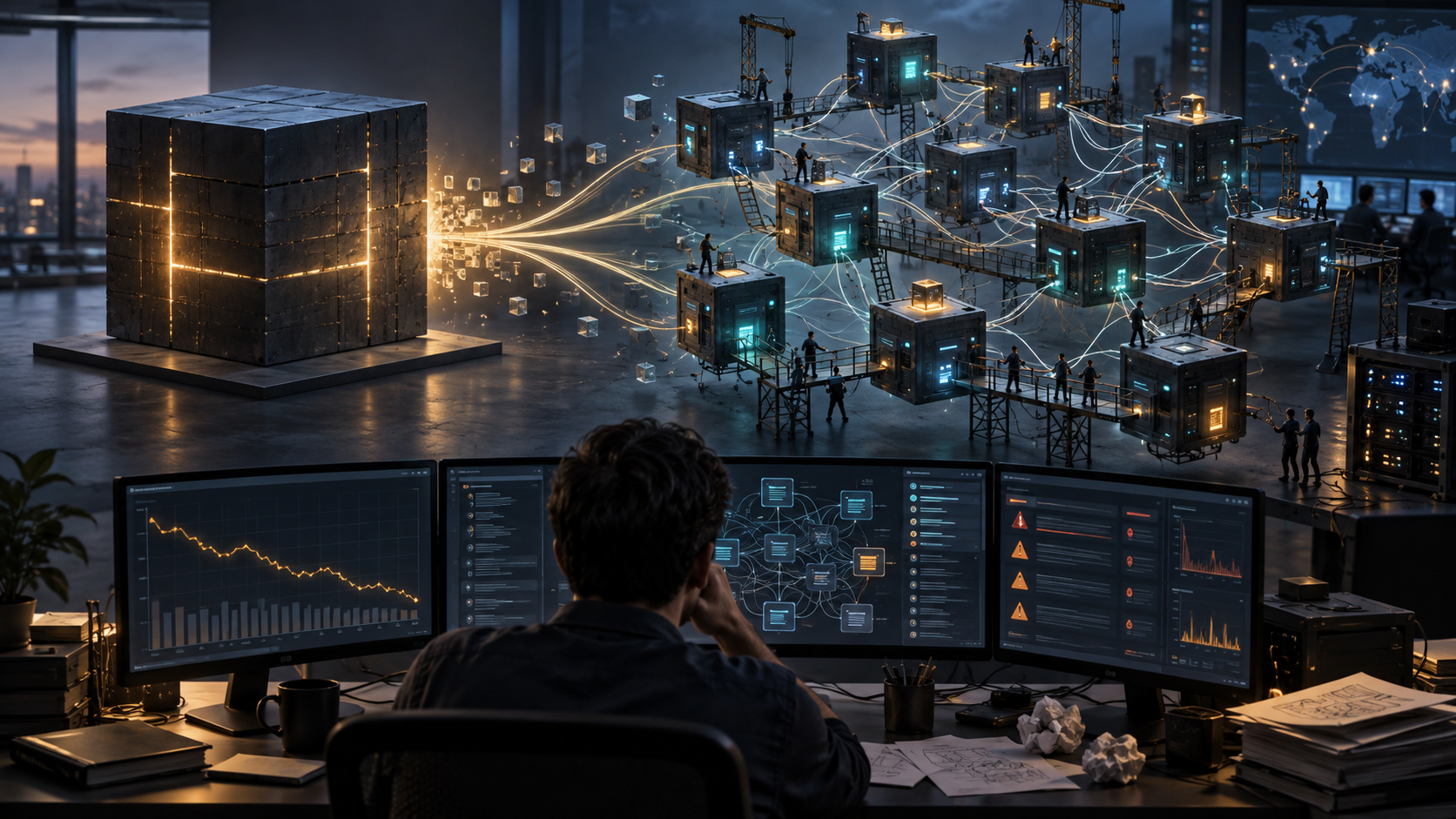 A software system split into many connected services with rising complexity