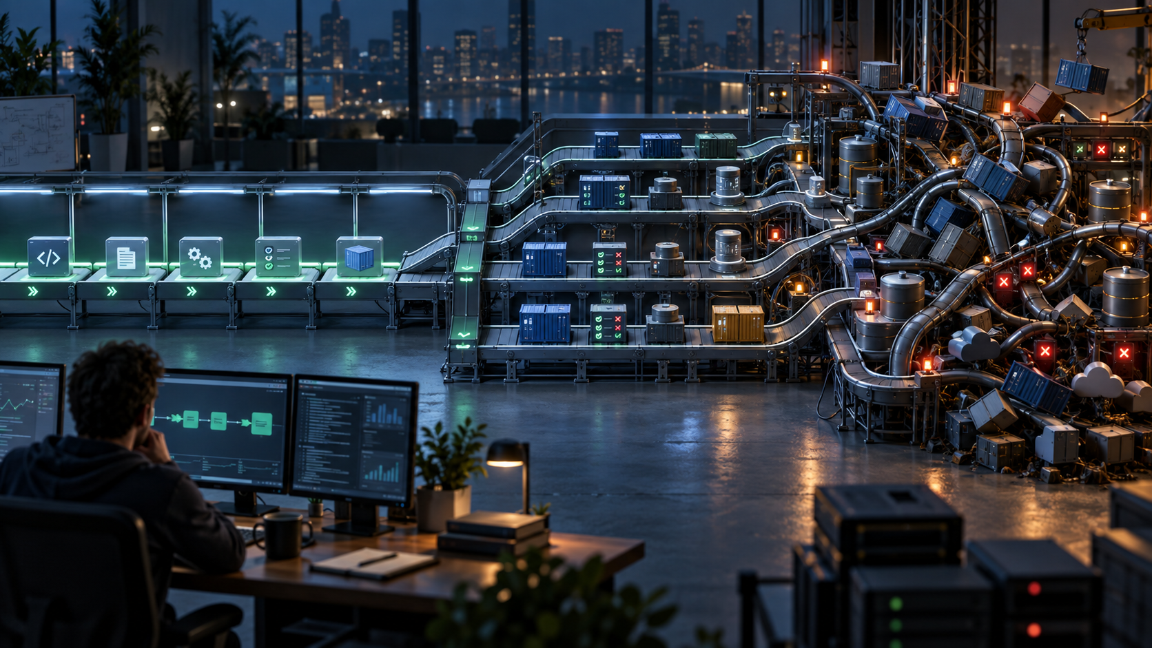 A growing software pipeline becoming tangled with tests and dependencies
